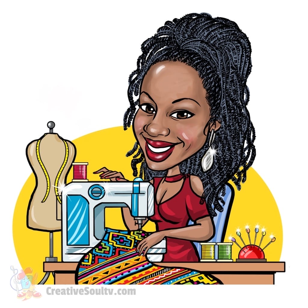 Woman sewing with vibrant fabric colors.